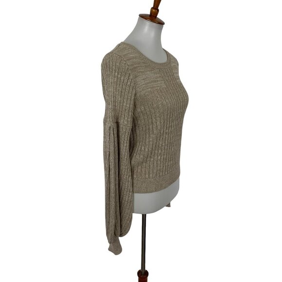 Devlin Tan Knit Balloon Sleeve Sweater Cotton Small Cozy Fall Pullover - Picture 2 of 5